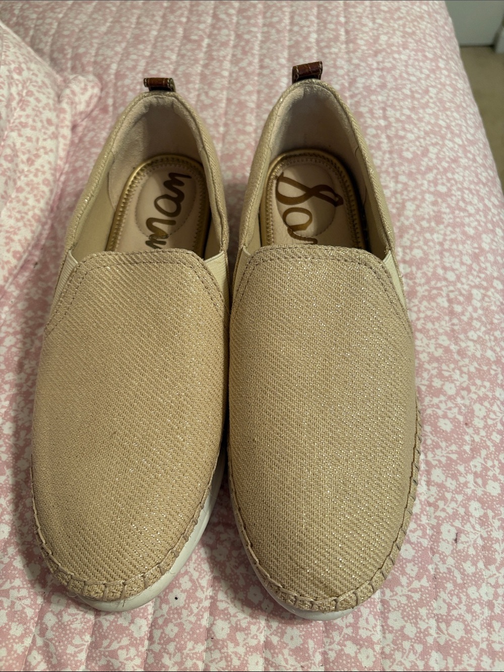 Sam Edelman Glitter Slip-On Mules in Light Beige.